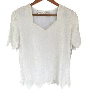 NWT Lawrence Kazar Ivory Silk Beaded Blouse Size Small V Neck Short Sleeve